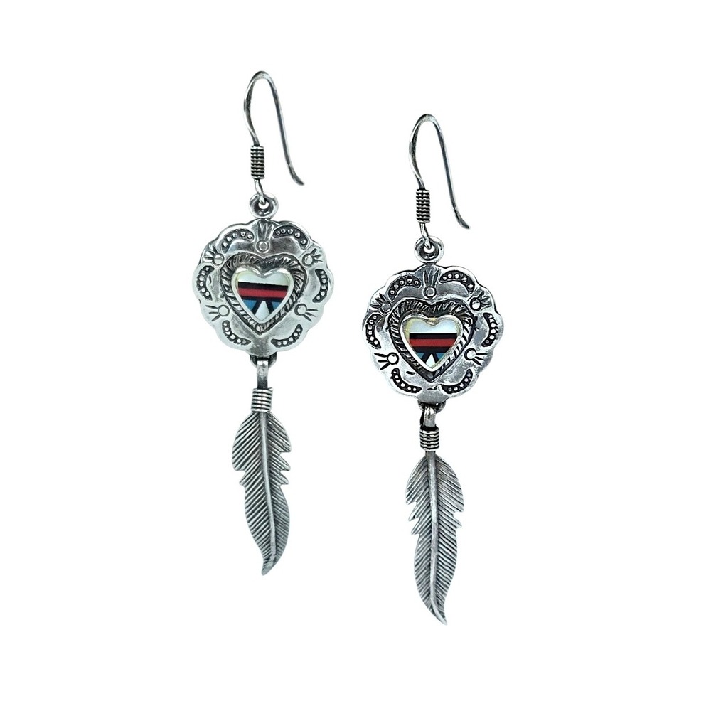 Southwestern 925 Sterling Silver Heart Inlay Feather Dangle Earrings